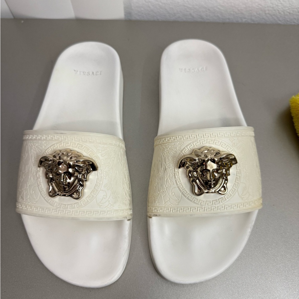 Versace Cream Slides with Gold Medusa Emblem